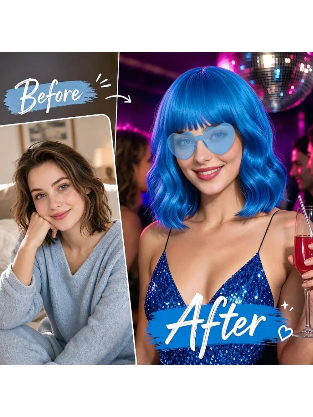 Women's Royal Blue Curly Bob Synthetic Wigs Bangs With Neon Heart Sunglasses